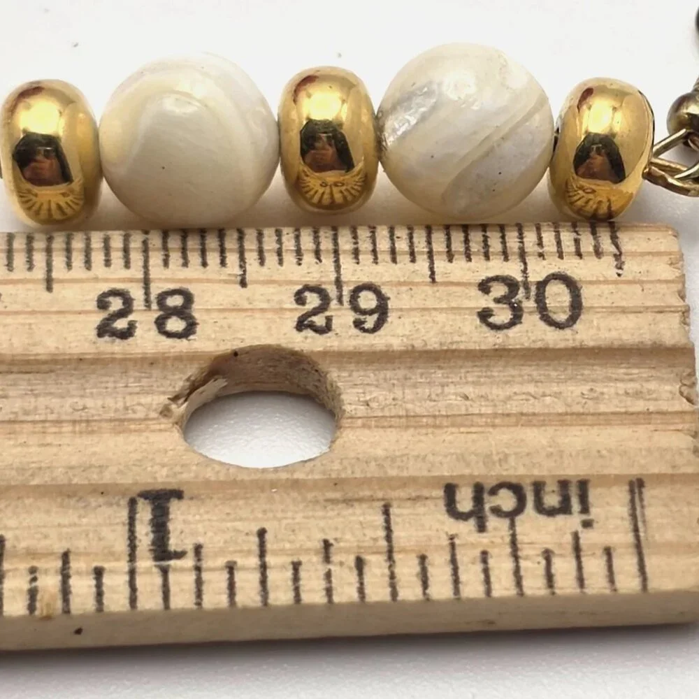 Gold Tone Mother Of Pearl Drop Earrings Cream Bead Dangle 1.5 In